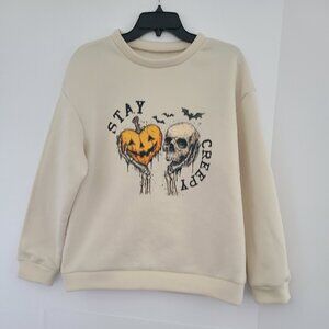 STAY CREEPY PULLOVER SWEATSHIRT - CREAM- SIZE LARGE-COZY FIT-GRAPHIC FRONT